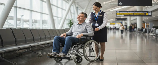 a man in a wheelchair at airport